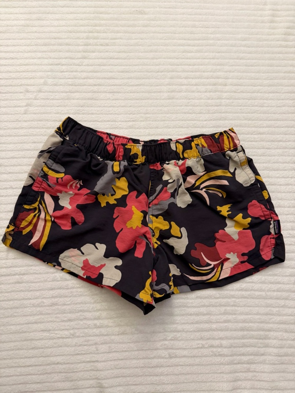 Patagonia Black Floral Athletic Shorts with Pink & Yellow Accents